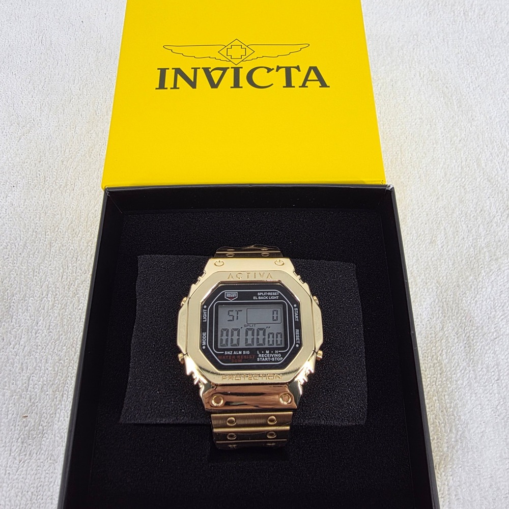 Activa by Invicta Mens Gold Tone Digital Square Watch 30M Water Resist New